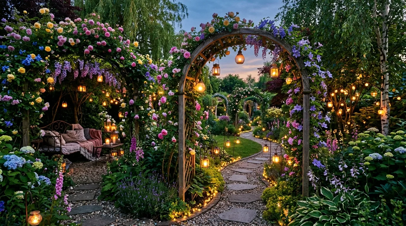 A bold backyard garden with tropical foliage, large leaves, and vibrant colorful flowers creating a lush summer backdrop around an outdoor sitting space, no people