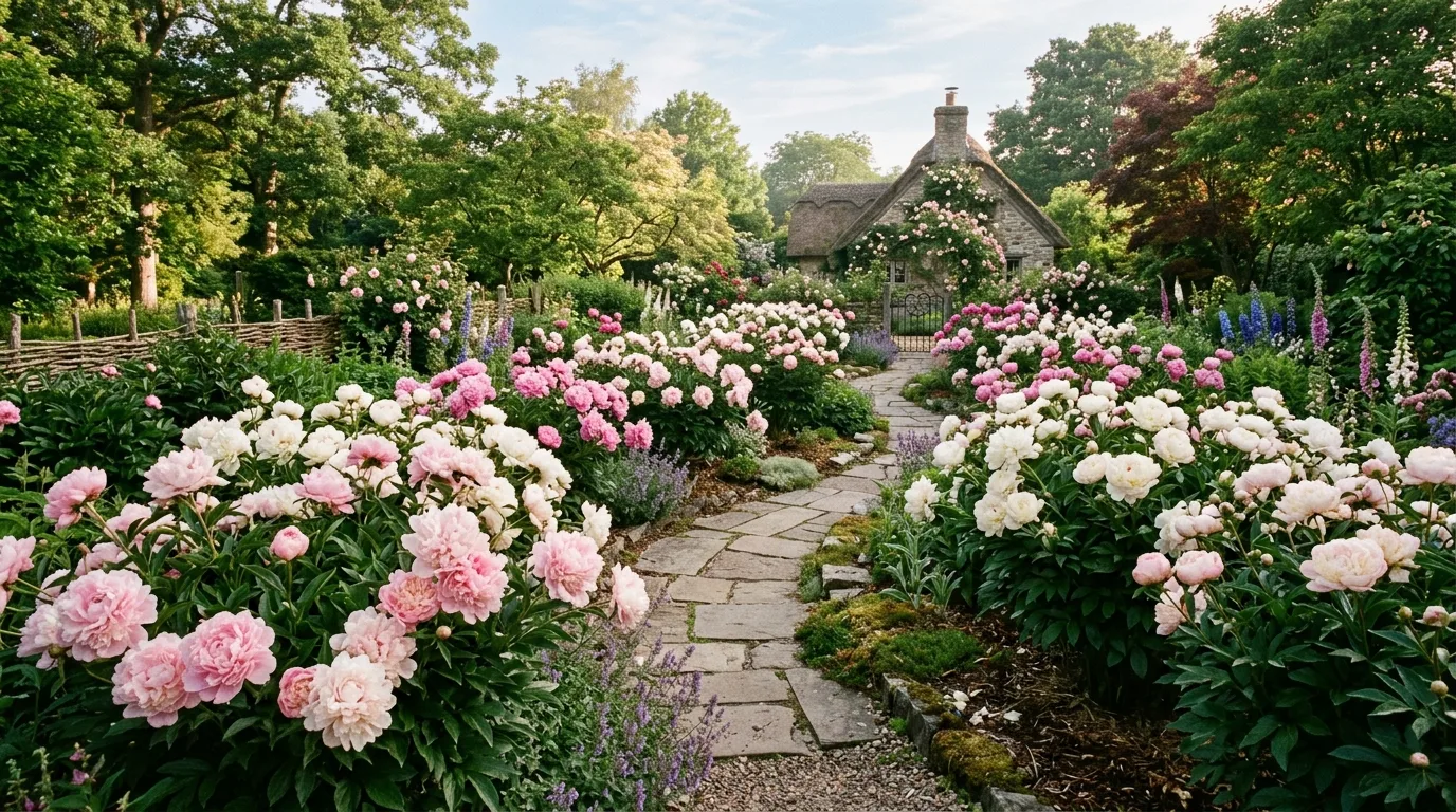 A romantic garden border overflowing with blush pink peonies, foxgloves, and soft companion flowers in early summer sunlight, photographed from a wide eye-level view, no people