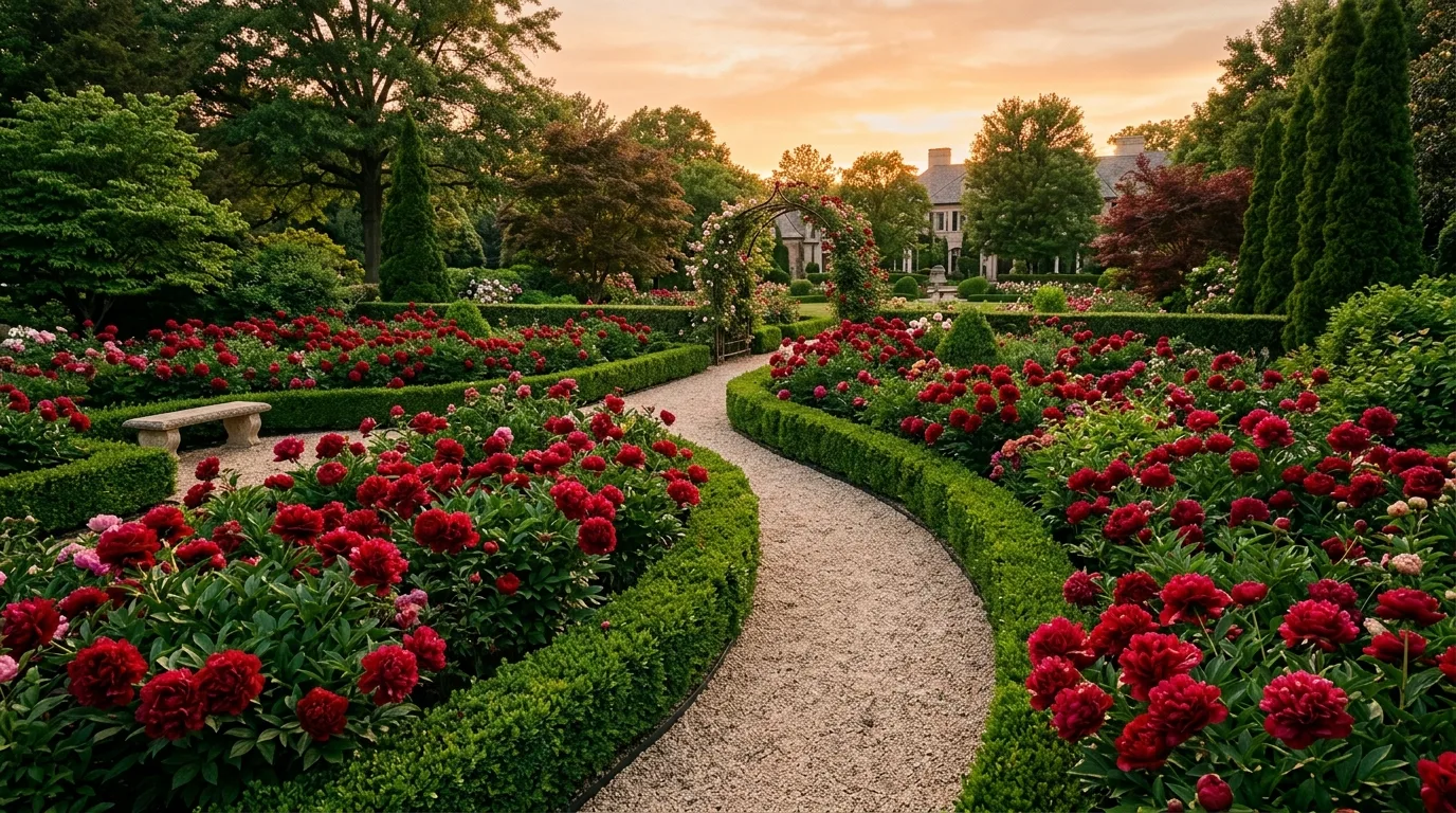 A garden path lined on both sides with blooming peony plants in pink and white, forming a lush romantic walkway in warm morning light, no people