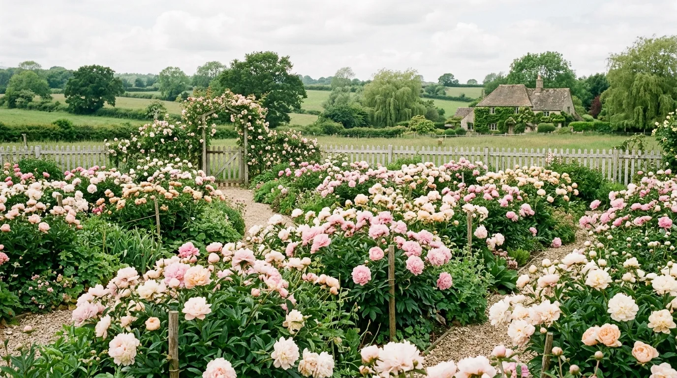 An elegant garden featuring white peonies planted beside clipped evergreen hedges and structured greenery in soft daylight, no people