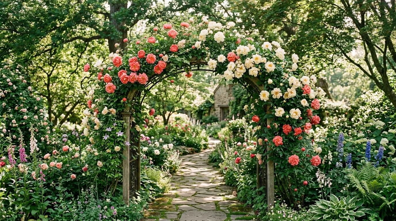 A romantic flower garden mixing lush peonies and old-fashioned roses in shades of blush, pink, and white under bright early summer light, no people
