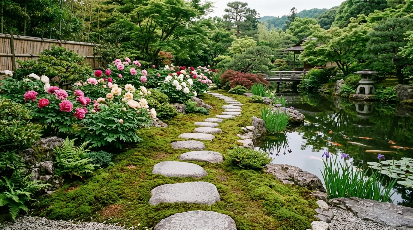 A cottage garden border centered on coral peonies with blue companion flowers and airy green foliage glowing in afternoon sun, no people