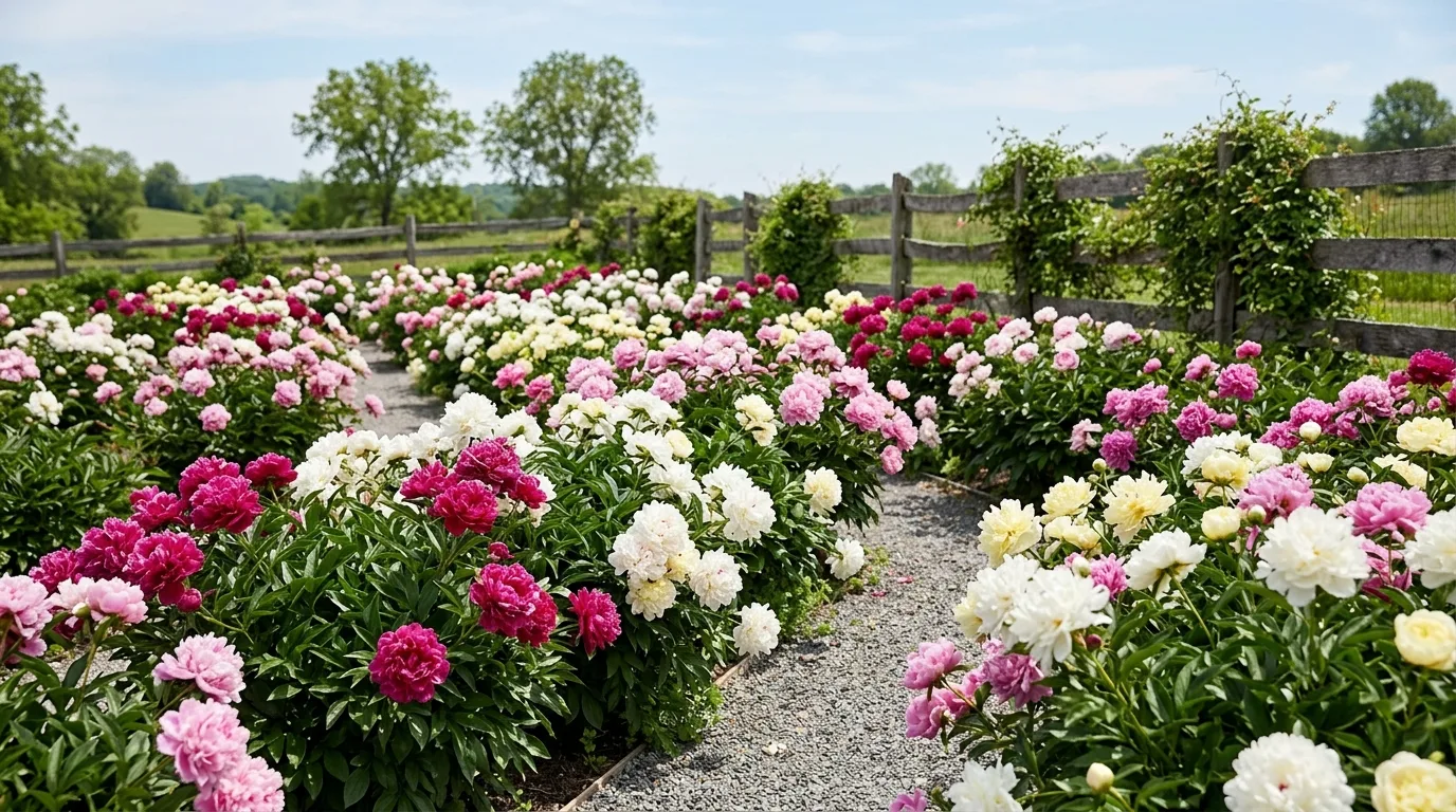 A formal garden entrance with symmetrical peony plantings on both sides of a central path, lush and balanced in clear daylight, no people
