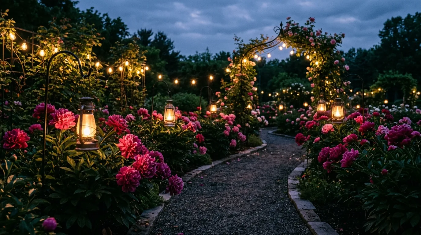 A dramatic garden bed filled with deep magenta peonies and dark foliage creating rich contrast in soft evening light, no people