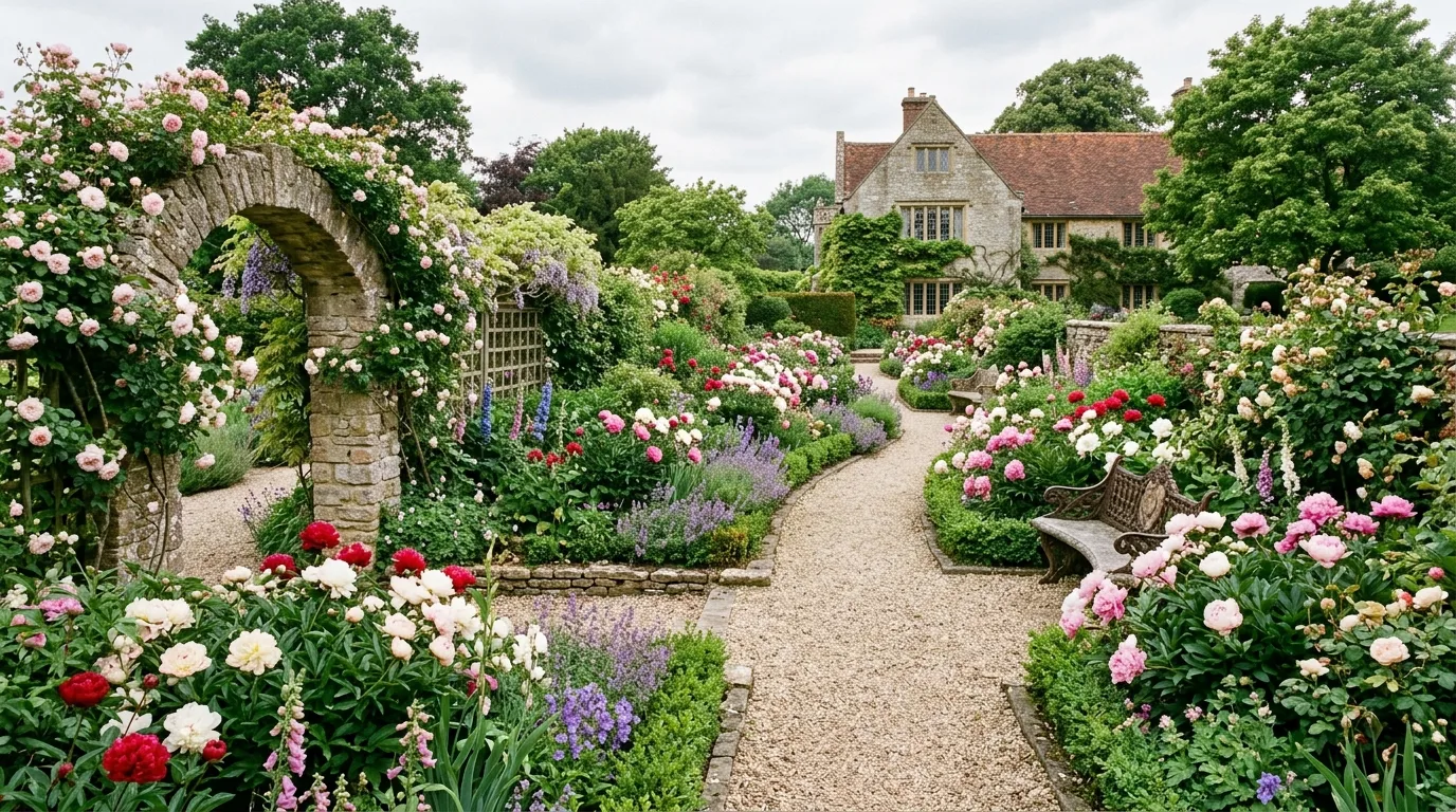 A cozy garden seating nook surrounded by blooming peonies, lavender, and soft herbs with a bench tucked into the planting in golden light, no people