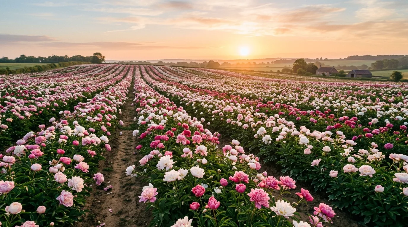A lush cutting garden filled with rows of blooming peonies in multiple shades arranged beautifully in open sunny beds, no people