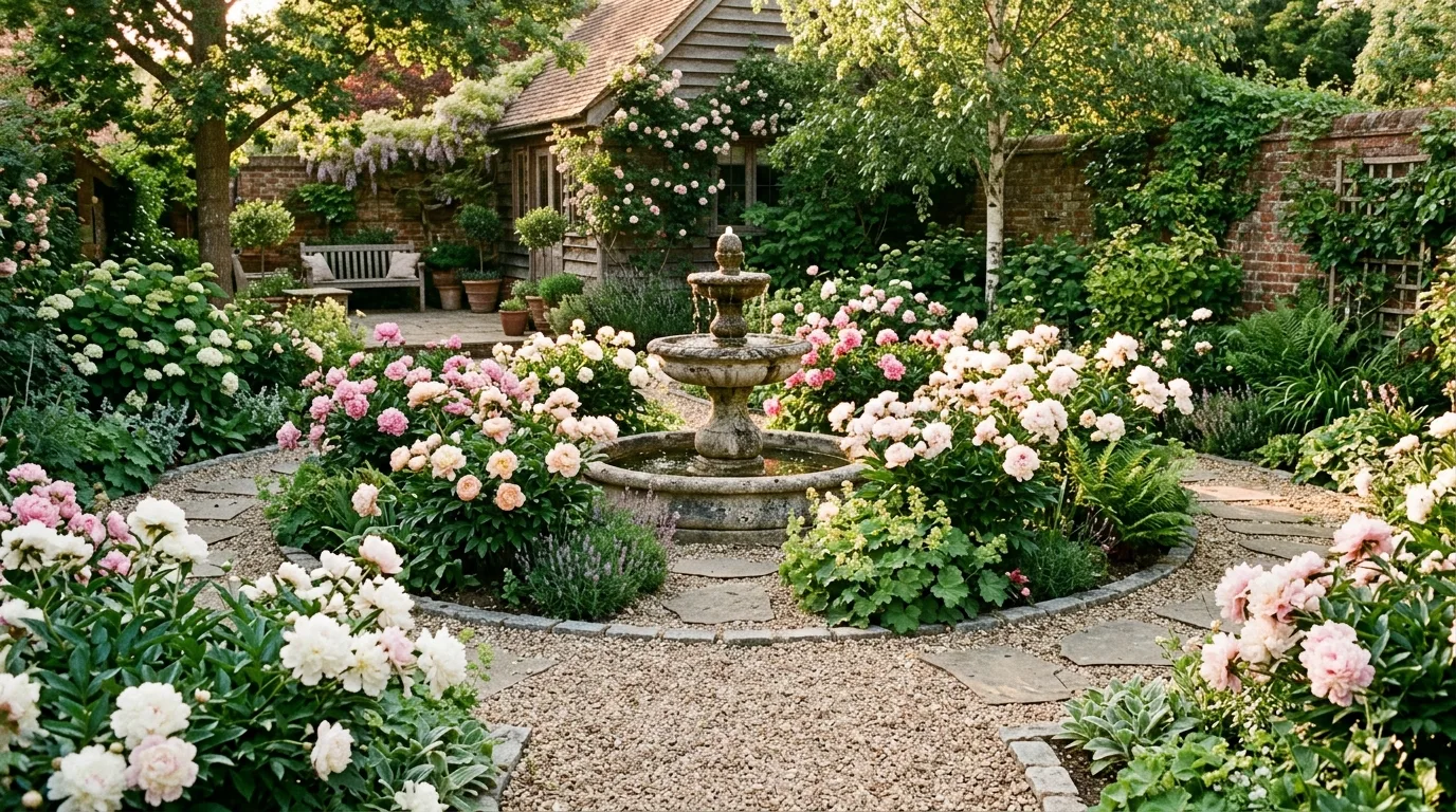 A peony garden with lush blooms rising above low mounding companion flowers and foliage creating a polished layered planting scheme, no people