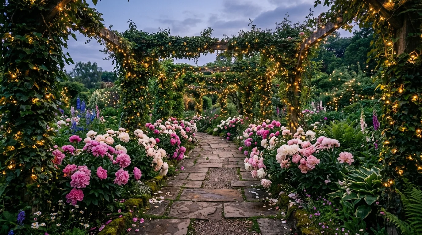 A narrow side garden bed planted with repeating peony bushes in full bloom beside a fence in bright daylight, no people