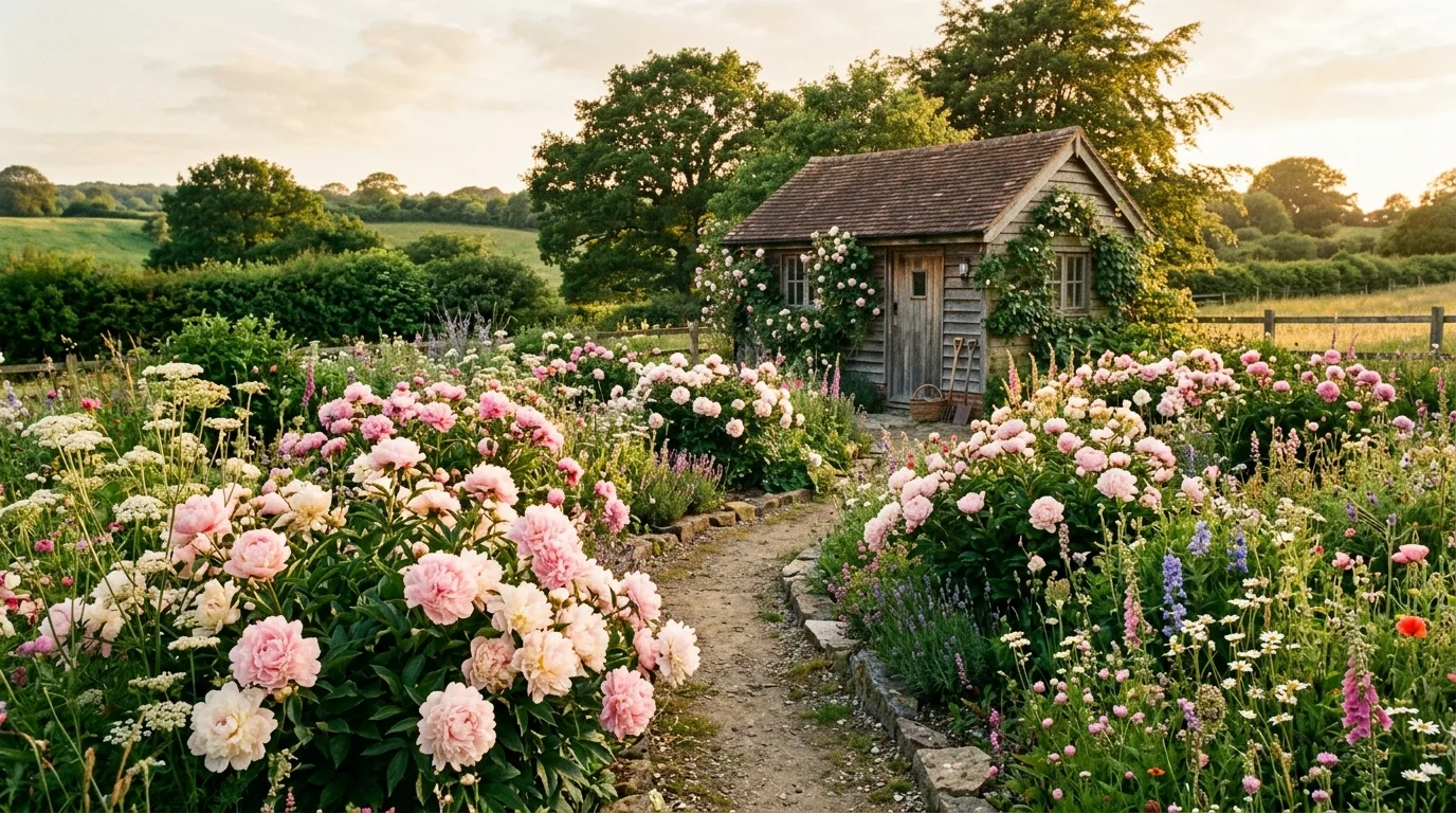 A flower border planted with mixed shades of pink peonies from blush to rose, creating a painterly romantic garden scene in soft sun, no people