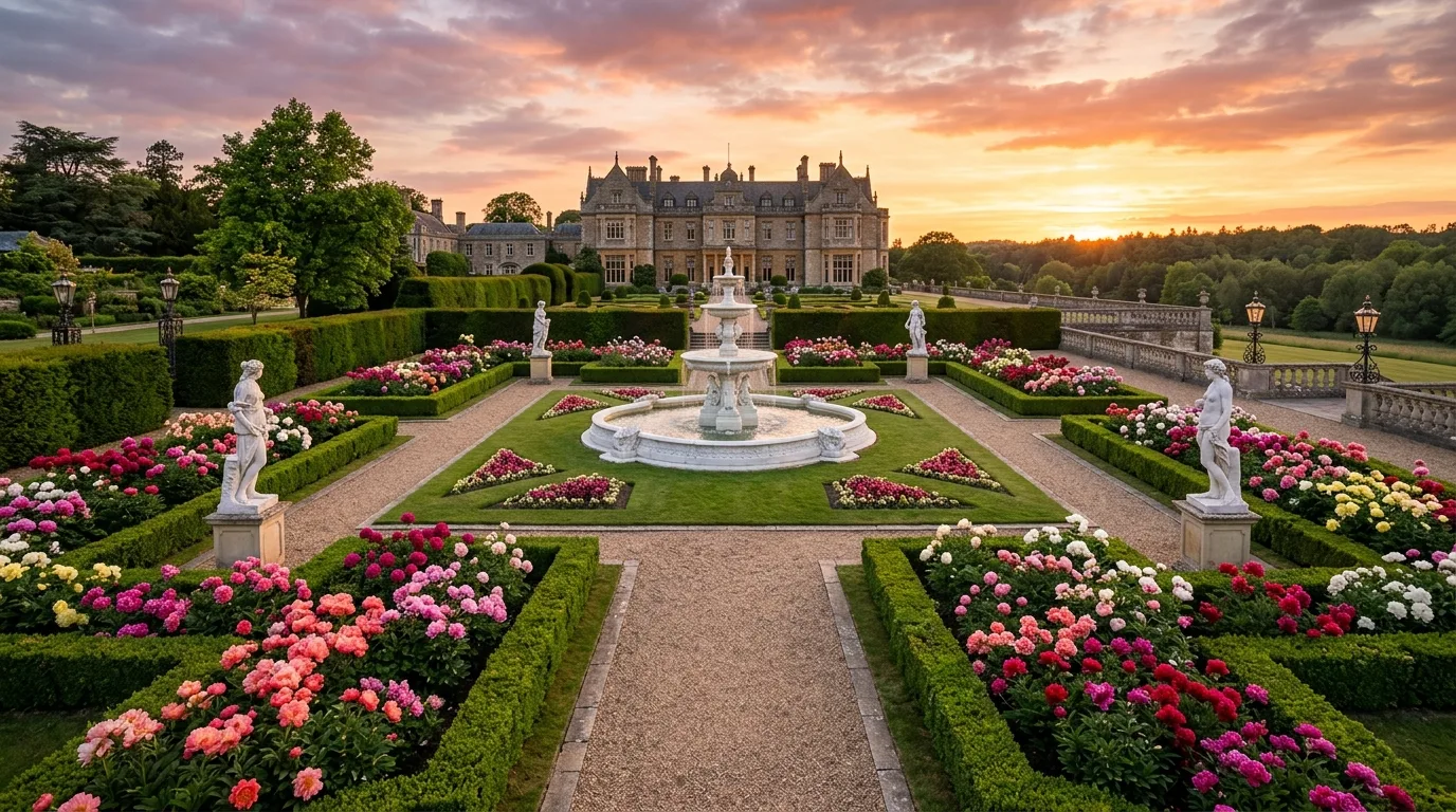 A garden focal point featuring a blooming tree peony with oversized flowers and graceful woody structure surrounded by elegant planting, no people