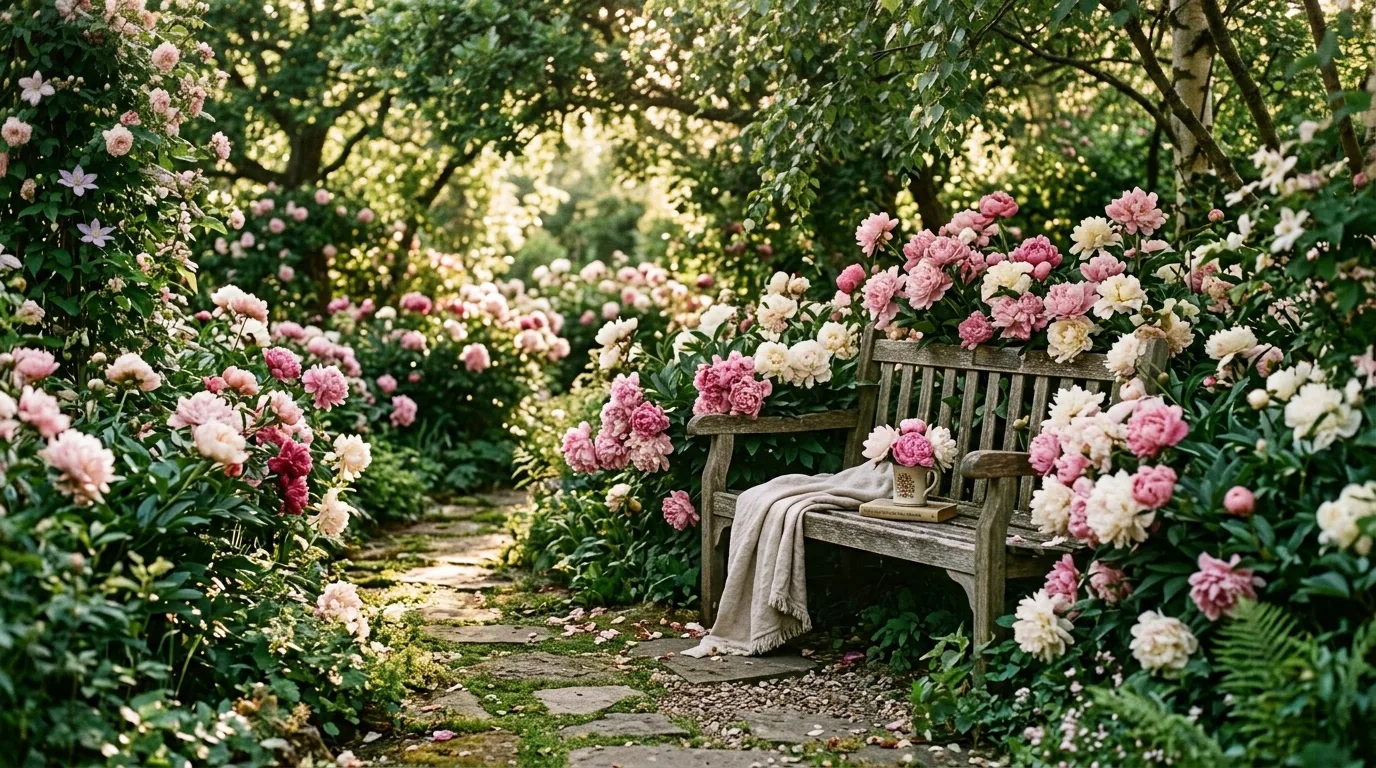 A late spring flower garden with peonies integrated among bulbs and perennials for a layered seasonal display in fresh daylight, no people
