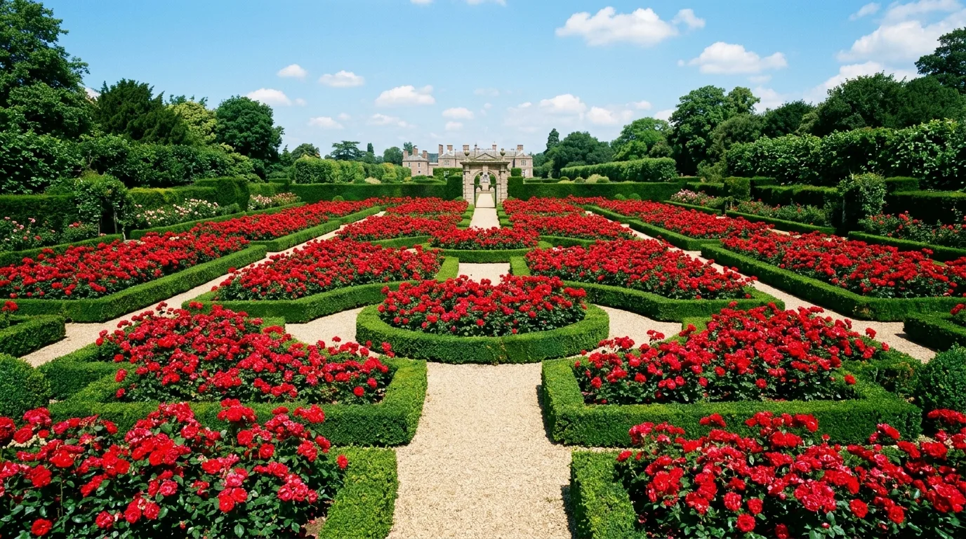 A vibrant garden border overflowing with scarlet red flowers against lush green foliage in bright summer sunlight, photographed from a wide garden view, no people