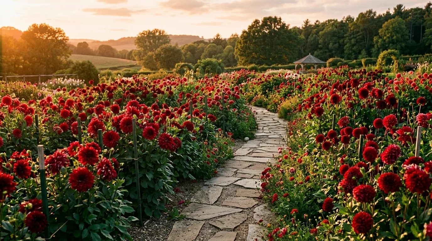A formal garden bed densely planted with bright red annual flowers in a symmetrical pattern under clear daylight, no people