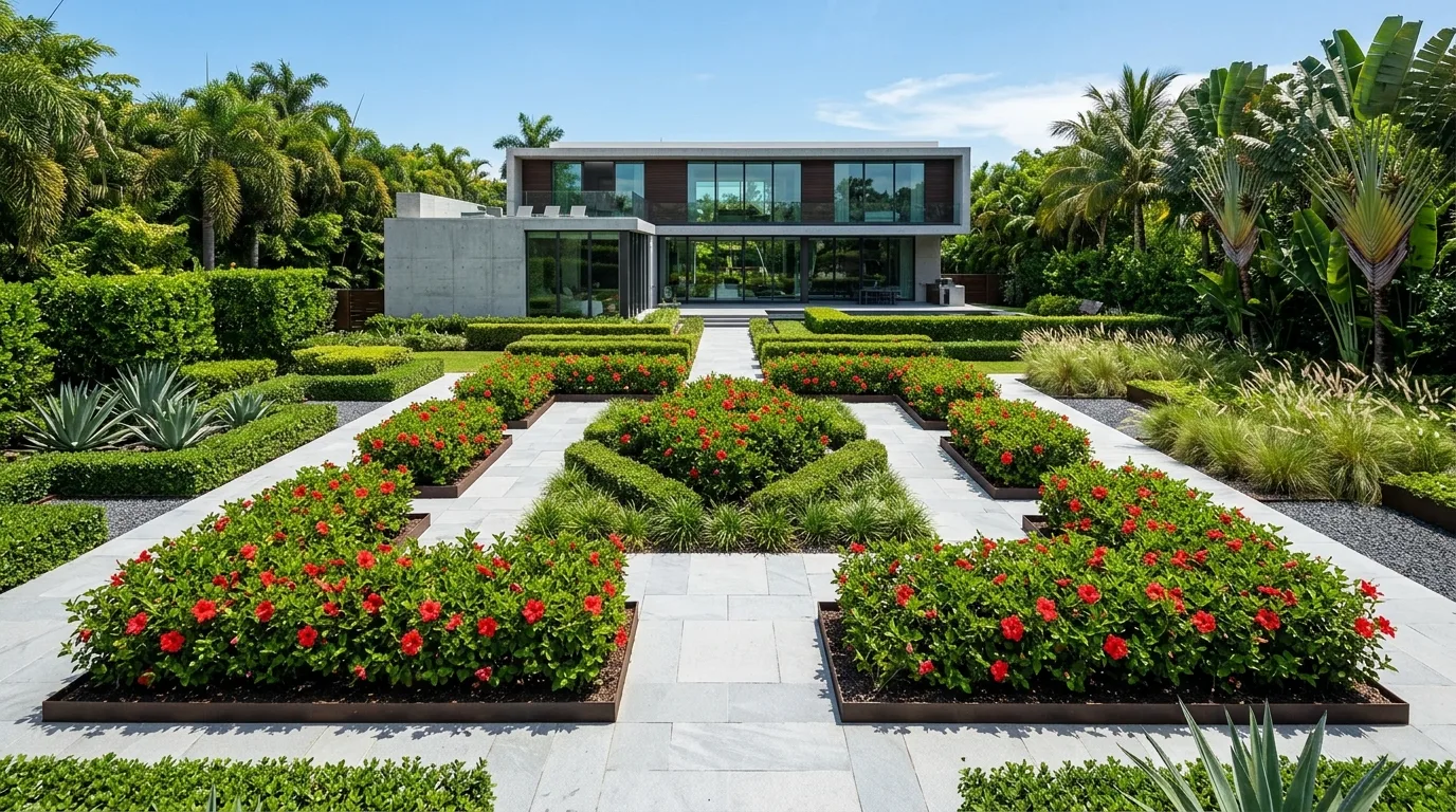 A spring garden planted with repeating rows of vivid red tulips creating a clean and striking display in fresh morning light, no people