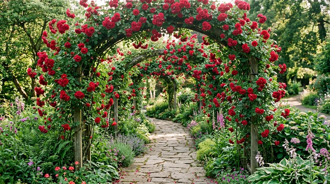 A cottage style garden with red poppies mixed among blue salvias and airy grasses in a relaxed layered border under sunny skies, no people