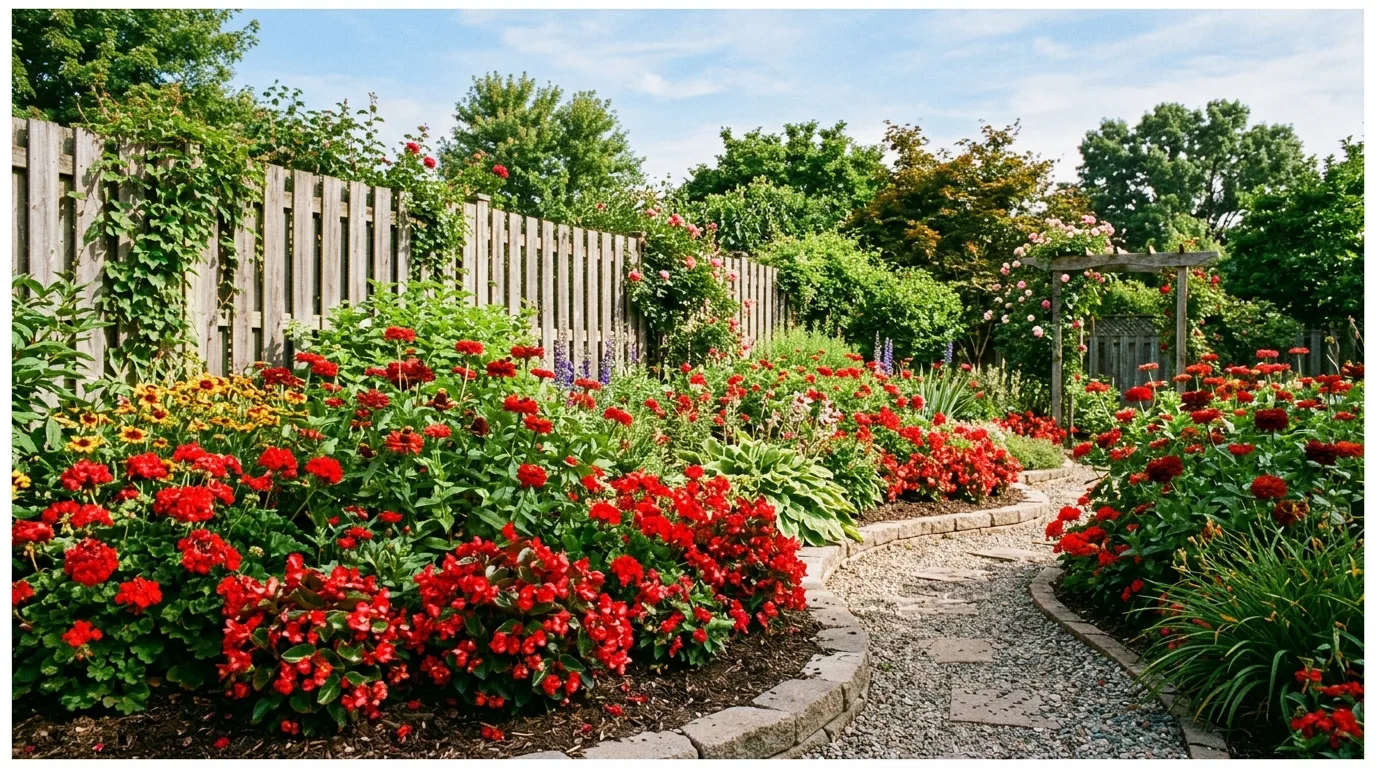 A patio garden with grouped containers filled with bold red flowers and contrasting foliage in coordinated pots under daylight, no people