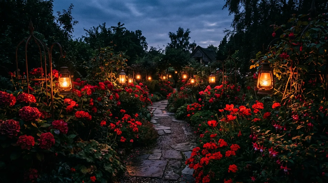 A narrow garden border strengthened by repeating red flowering plants along a fence line in natural daylight, no people