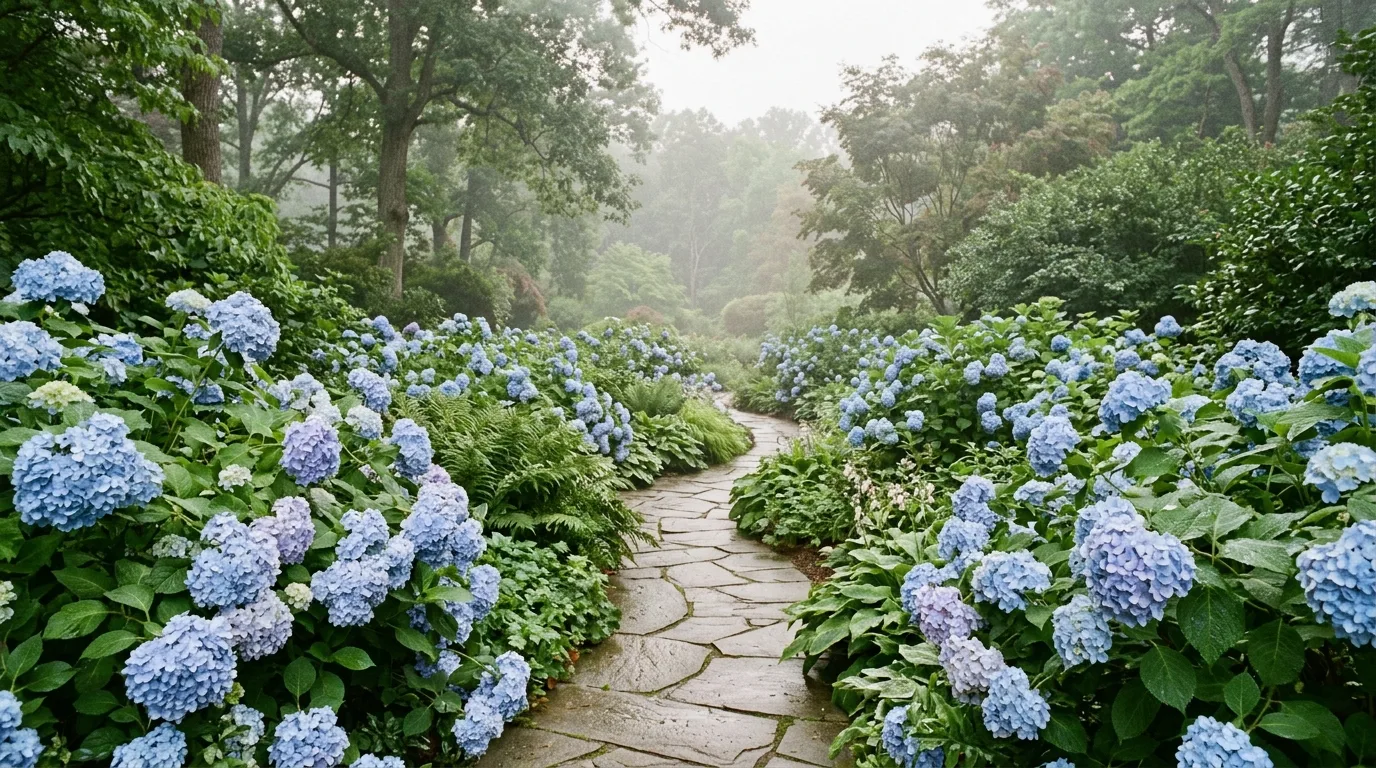 A serene flower border filled with blue blossoms and soft greenery in bright sunshine creating a cool calming garden atmosphere, no people