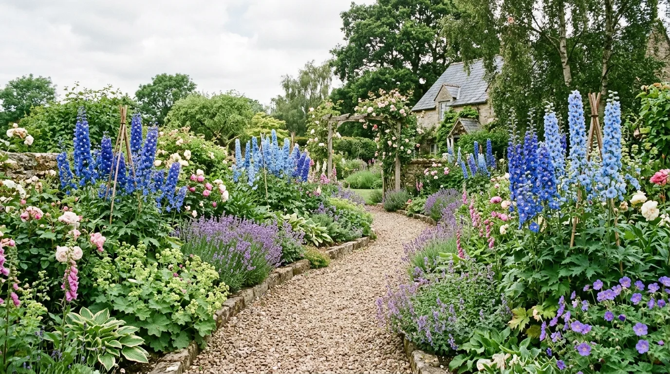 A garden path bordered by lavender and blue salvia flowers with soft greenery in warm morning light, no people