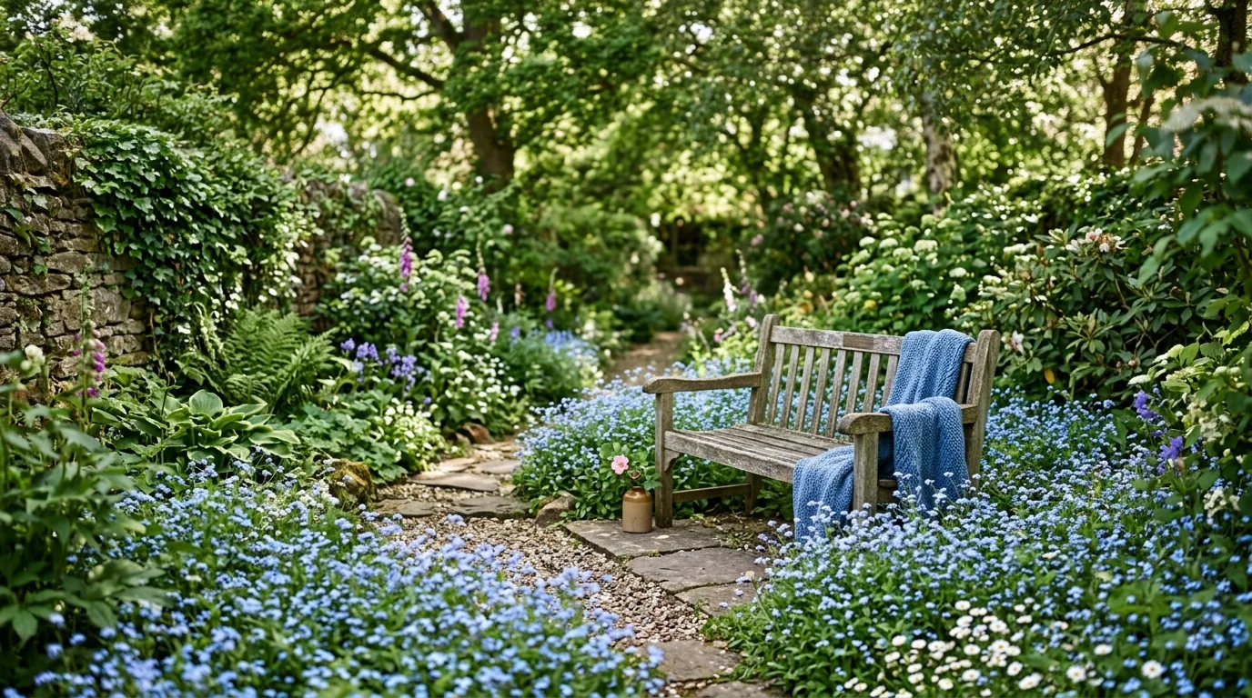 An elegant garden planting of blue flowers mixed with silver foliage beside pale stone paving in clear natural light, no people