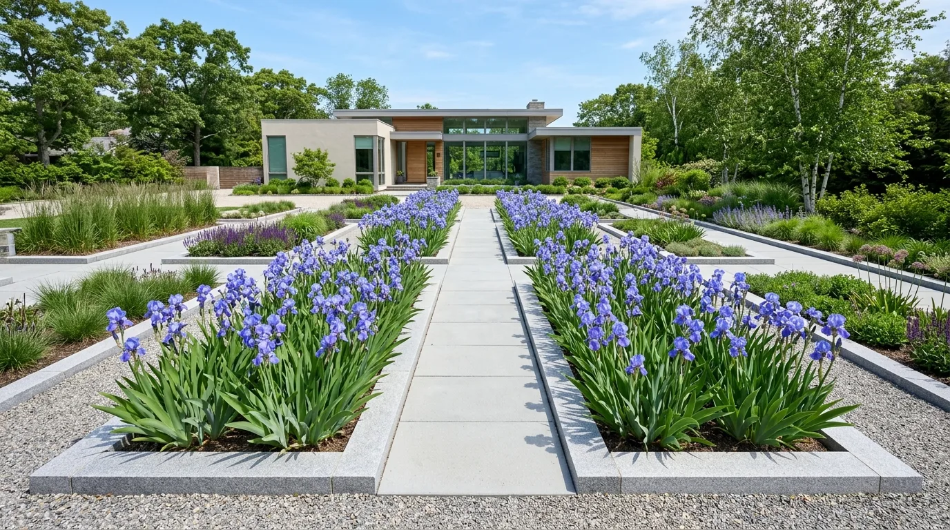 A naturalistic garden with airy blue flowers drifting through ornamental grasses under a bright sky, no people