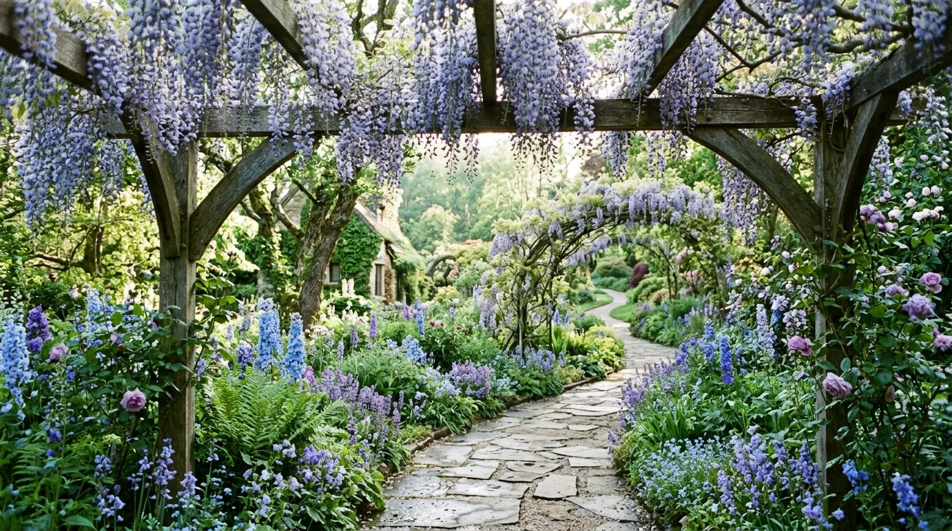 A formal garden with clipped hedges and straight paths softened by repeated blue flowering plants in even daylight, no people