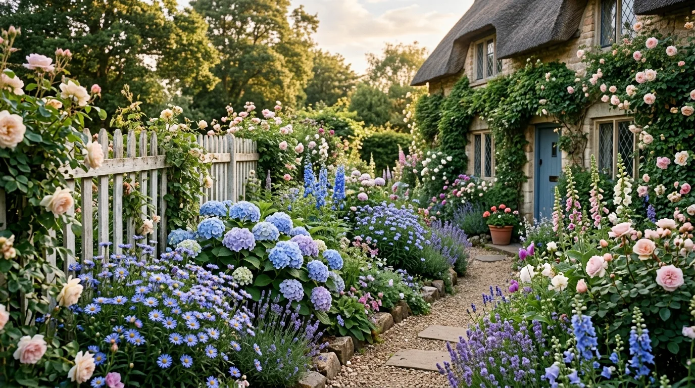 A terrace container garden with cornflower blue blooms in neutral pots beside natural wood outdoor furniture in daylight, no people