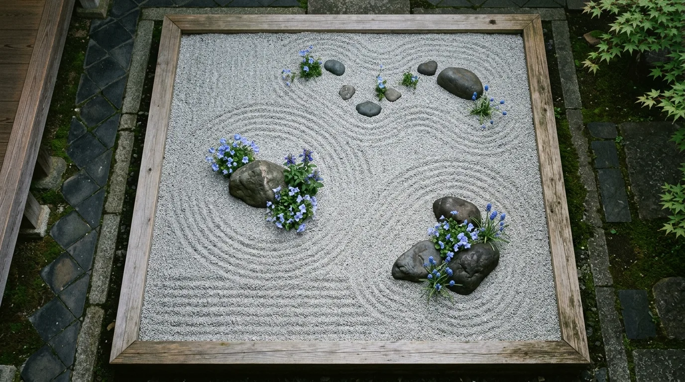 A calm water garden with blue flowers planted around a pond edge reflecting softly in still water under natural light, no people