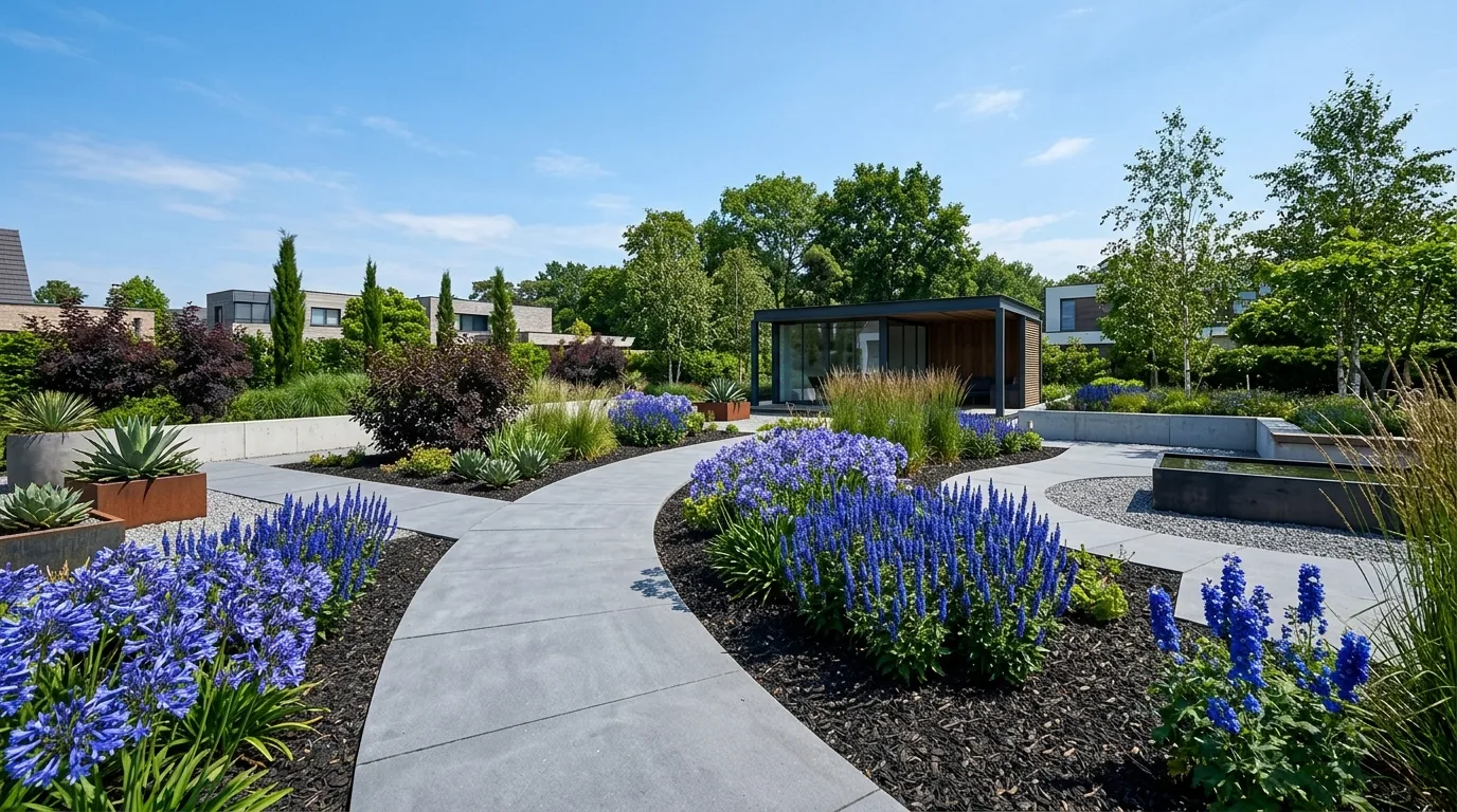 A fence line garden with repeated blue flowering plants creating a calm and orderly border in bright daylight, no people