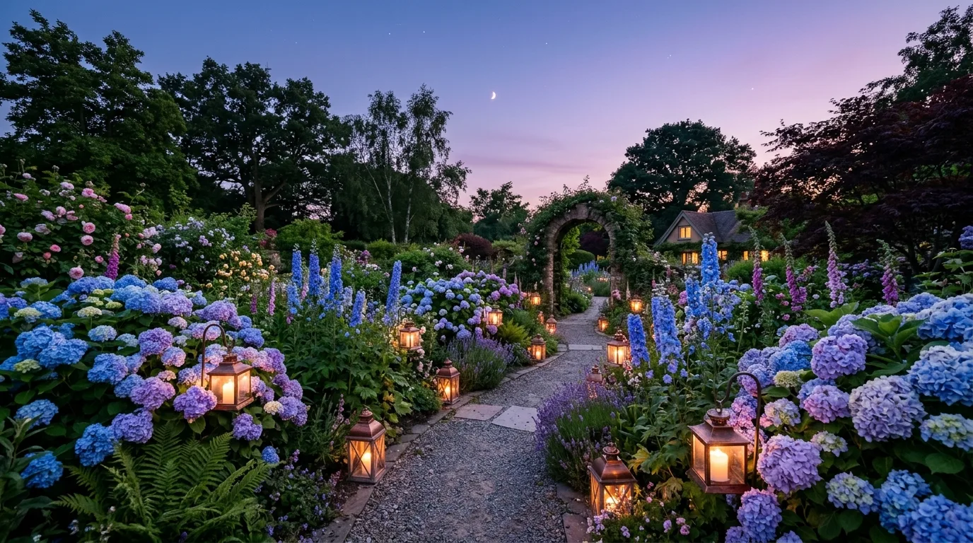 An evening garden with blue flowers glowing softly at twilight beside pale paths and subtle landscape lighting, no people