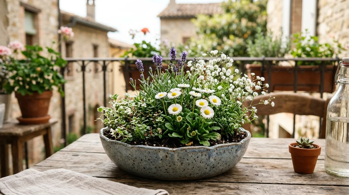 A small raised flower garden bed densely planted with colorful blooms and neat edging in bright natural light, no people