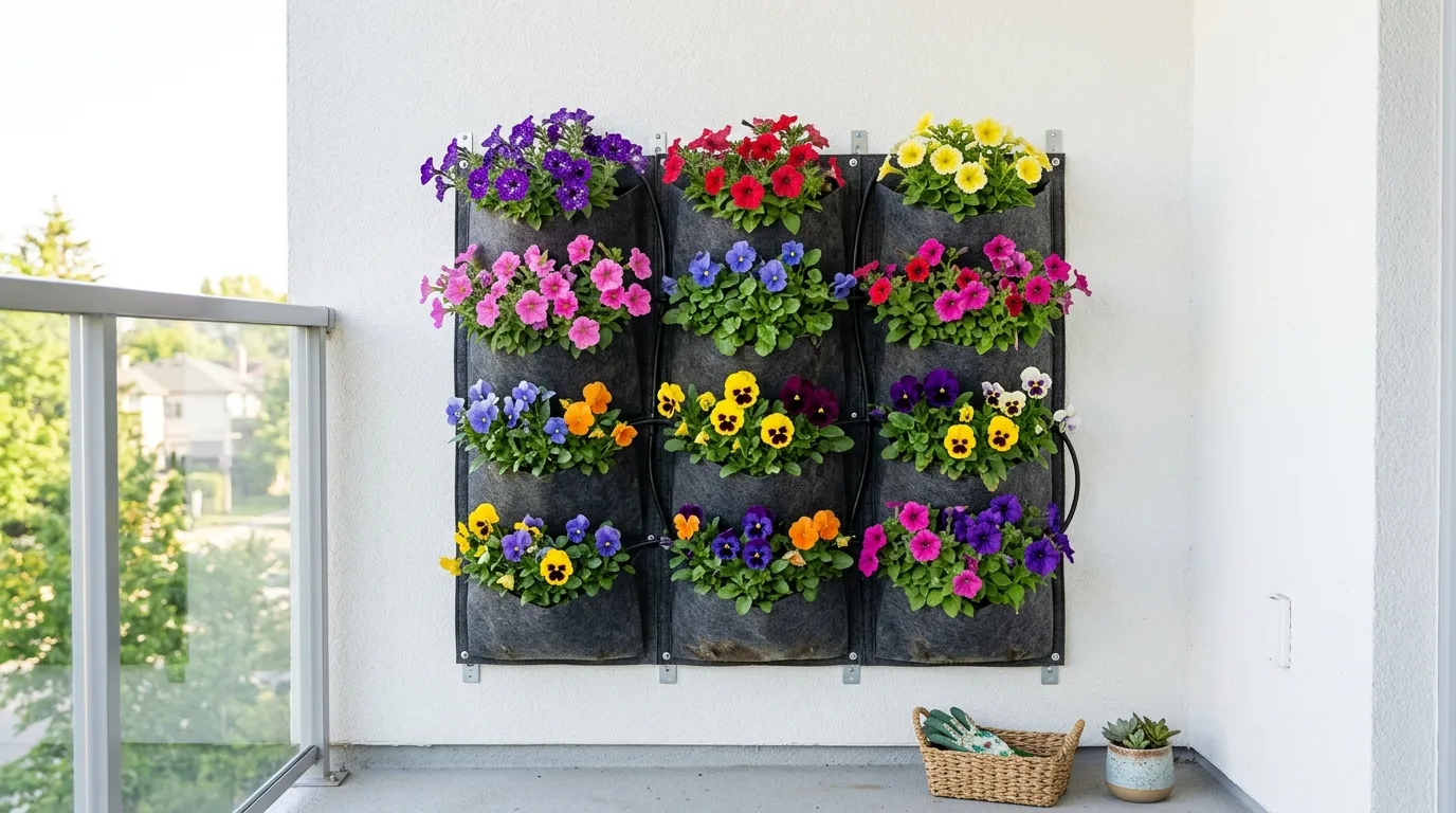 A narrow ledge garden with layered flowers spilling from compact planters in soft daylight, no people