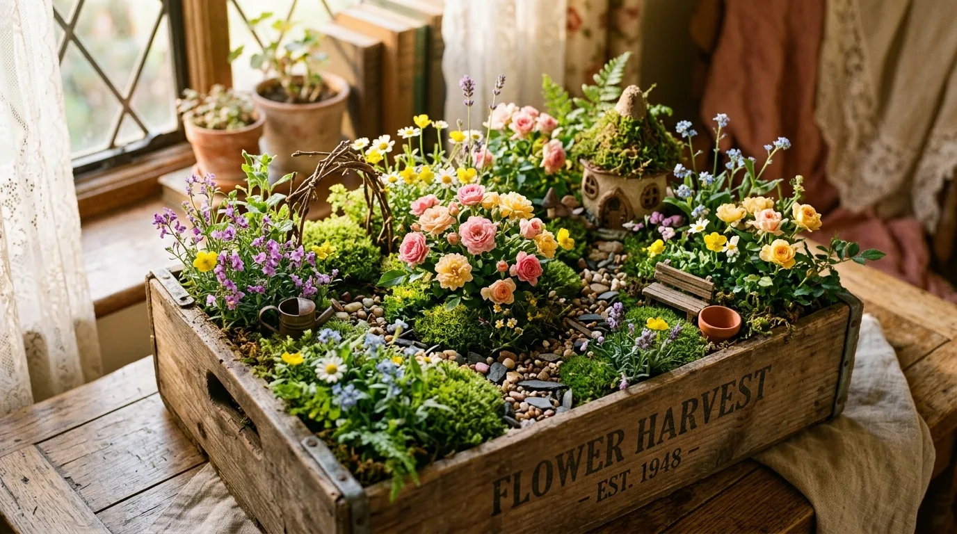 A petite garden path bordered by low blooming flowers in a charming compact backyard setting under daylight, no people