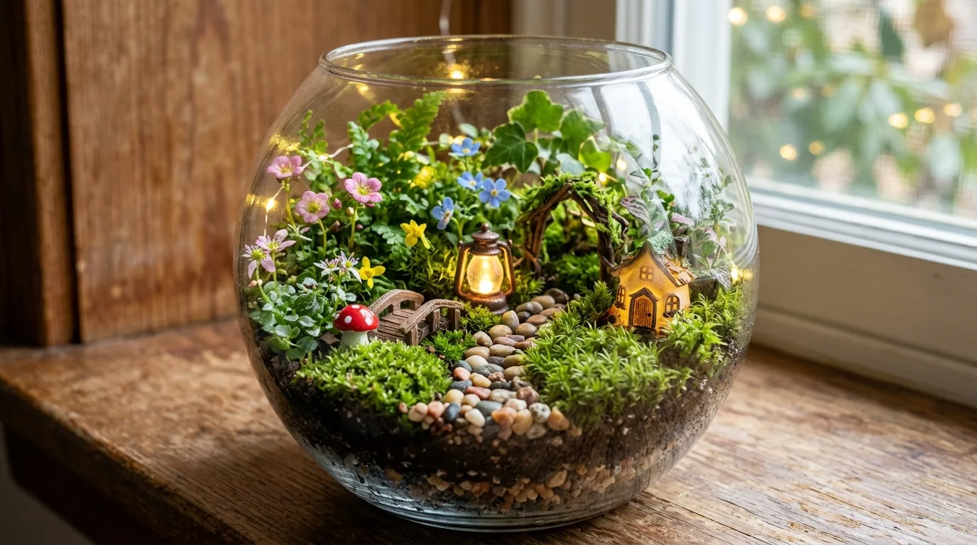A compact patio flower garden made from grouped containers with varied colorful blooms and coordinated pots in sunny daylight, no people