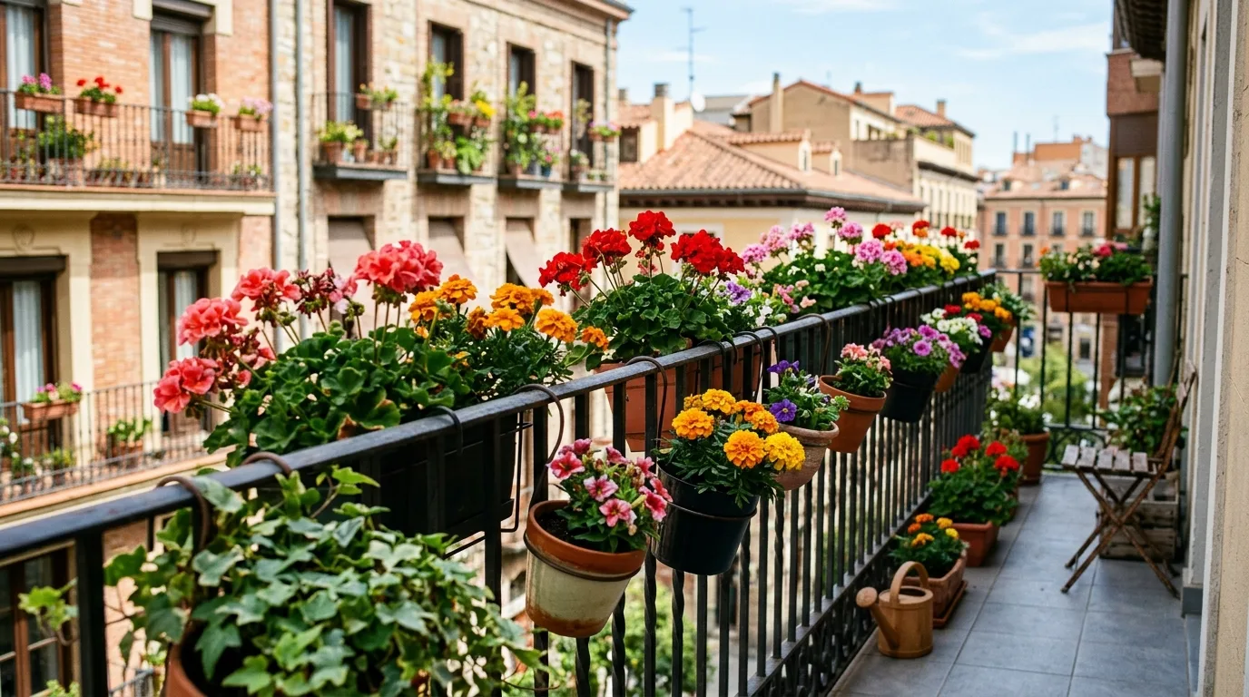 A vertical mini flower garden on a wall and fence with stacked planters and climbing blooms in soft natural light, no people