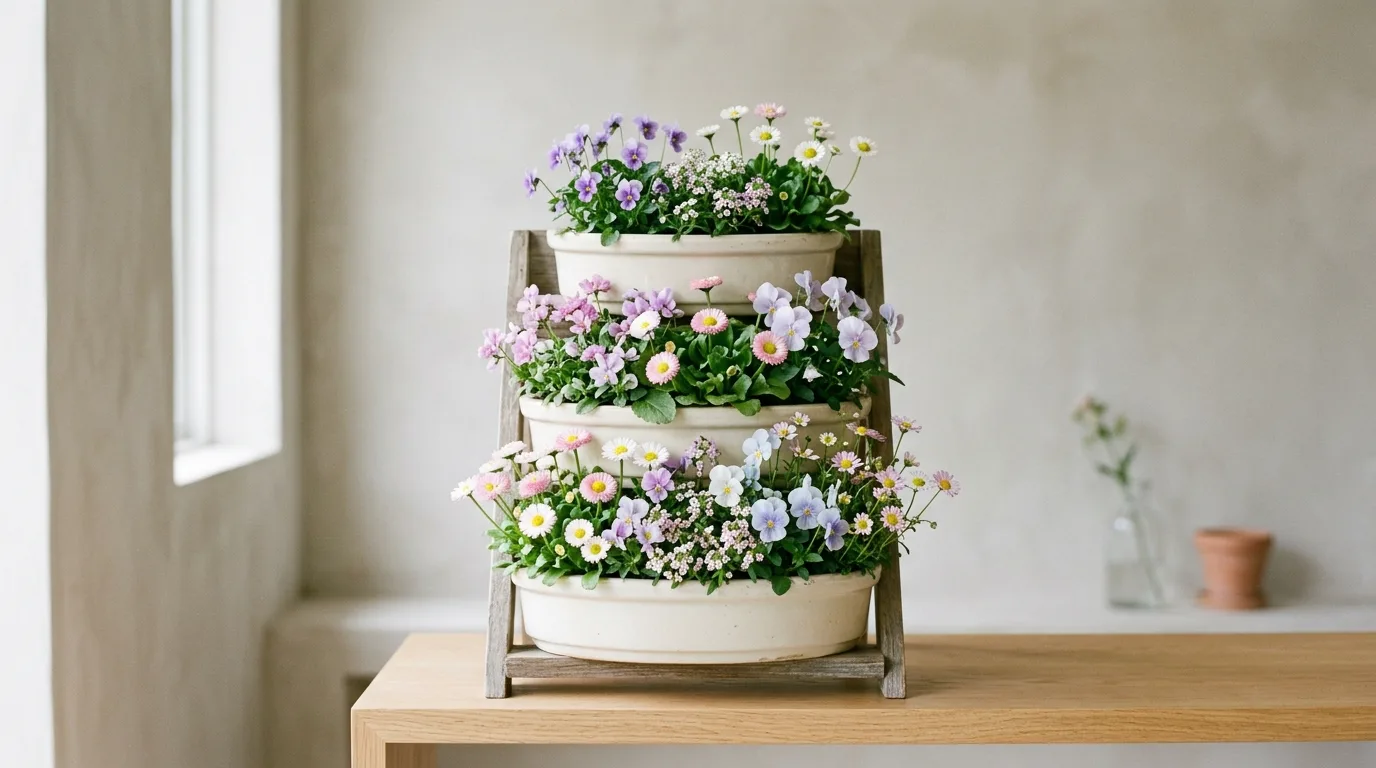 A compact corner flower garden with a coordinated color palette and lush small-scale blooms in bright daylight, no people