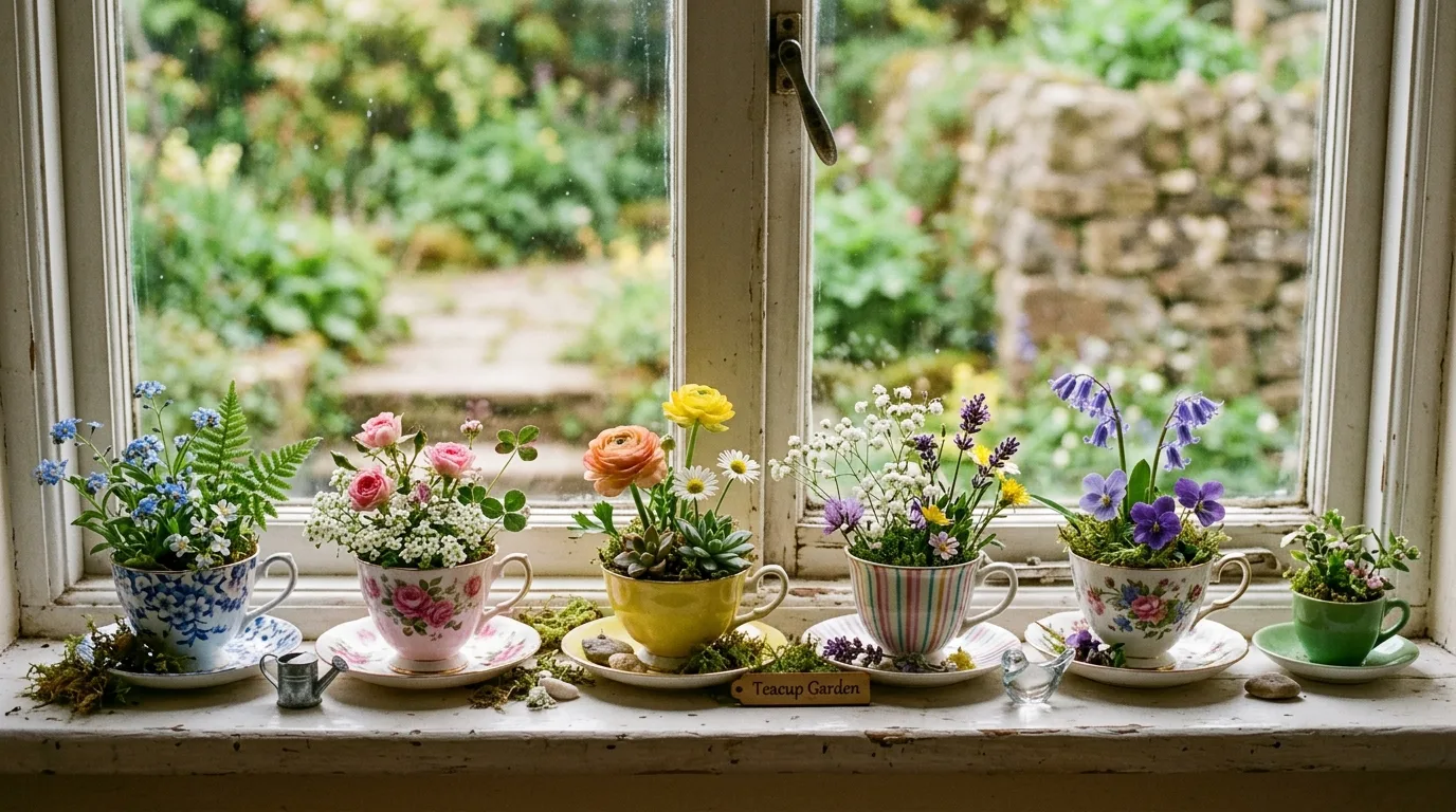 A mini cottage flower garden arranged around a birdbath with soft colorful blooms and greenery in warm sunlight, no people