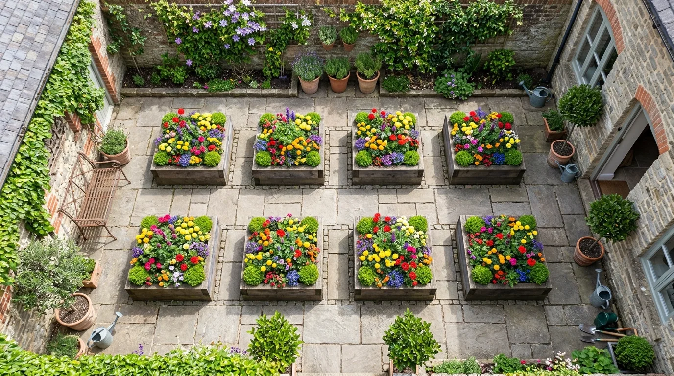 A small flower bed weaving ornamental blooms with herbs like lavender and thyme in fresh daylight, no people