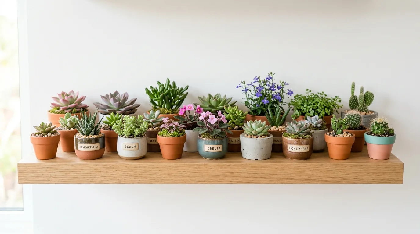 A polished mini flower garden with tidy edging and abundant compact blooms in sunny daylight, no people