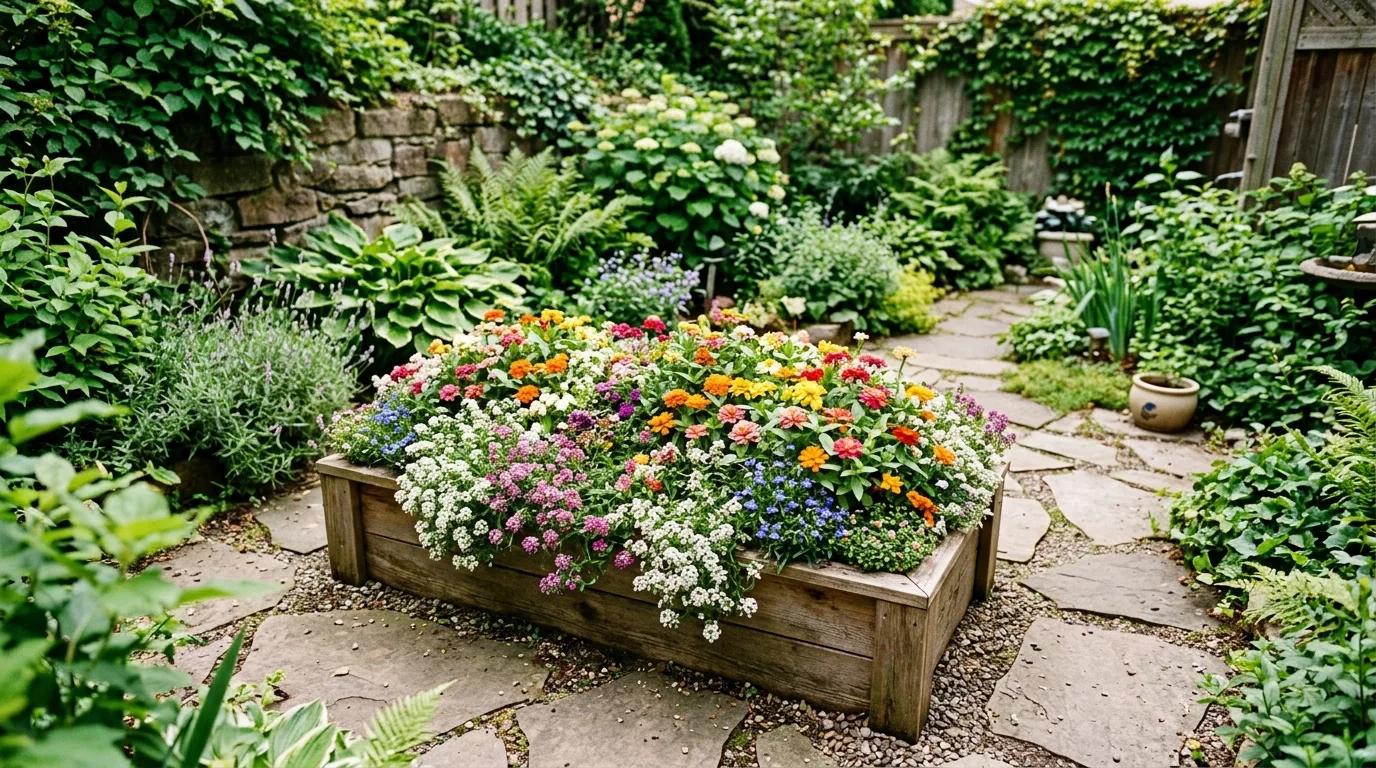 A compact courtyard flower garden planted in a large trough planter overflowing with colorful blooms in soft daylight, no people