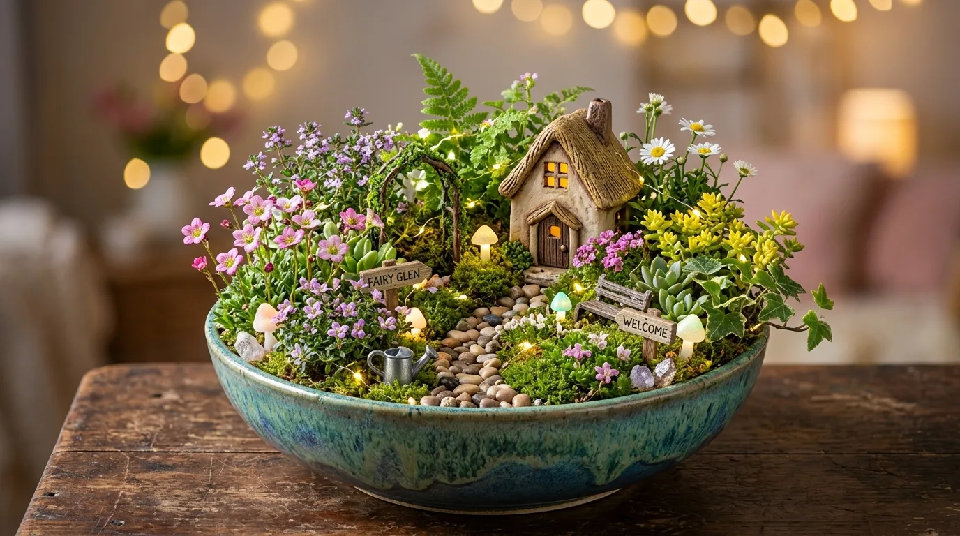 A tiny flower garden designed for seasonal rotation with varied blooms and fresh planting in a neat compact layout under daylight, no people
