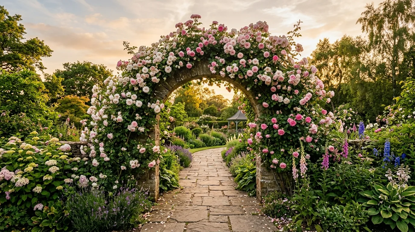 A romantic garden arch covered in blooming roses with lush flowers planted around its base in warm summer light, no people