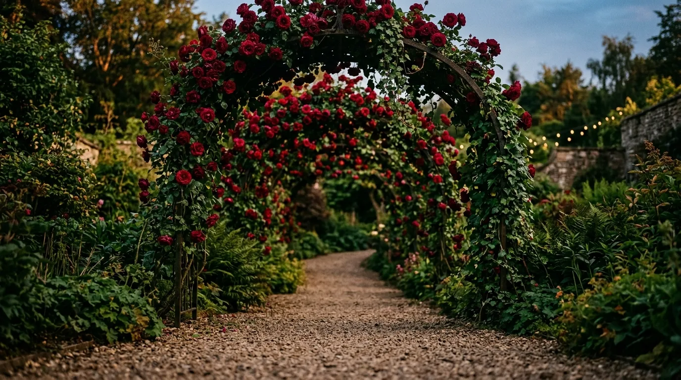 A narrow garden path running through a tunnel of repeated flower-covered arches in bright natural light, no people