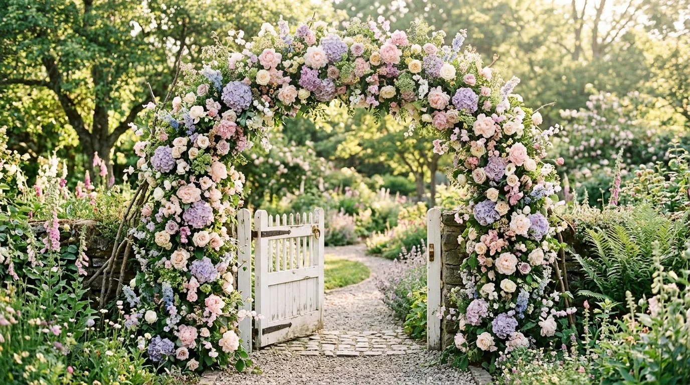 A classic garden arch draped with white flowering vines in a serene elegant landscape under soft daylight, no people