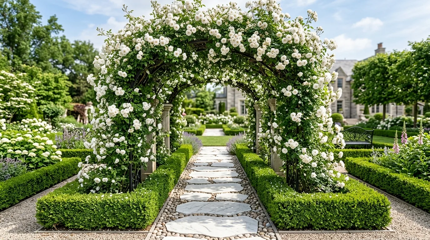 A charming cottage garden arch covered with mixed flowering climbers and soft greenery in gentle sunlight, no people