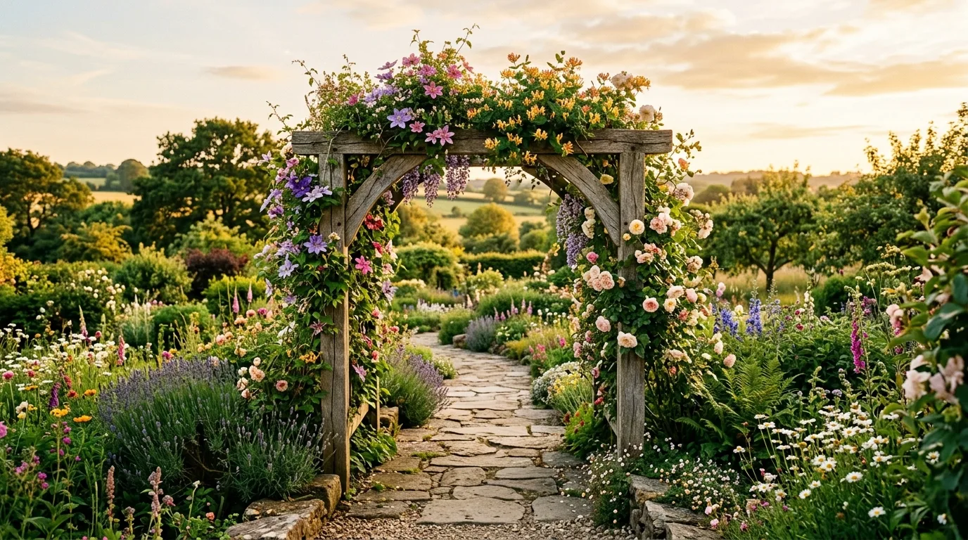 A garden entry arch framed by symmetrical flower beds and a central path in bright clear daylight, no people