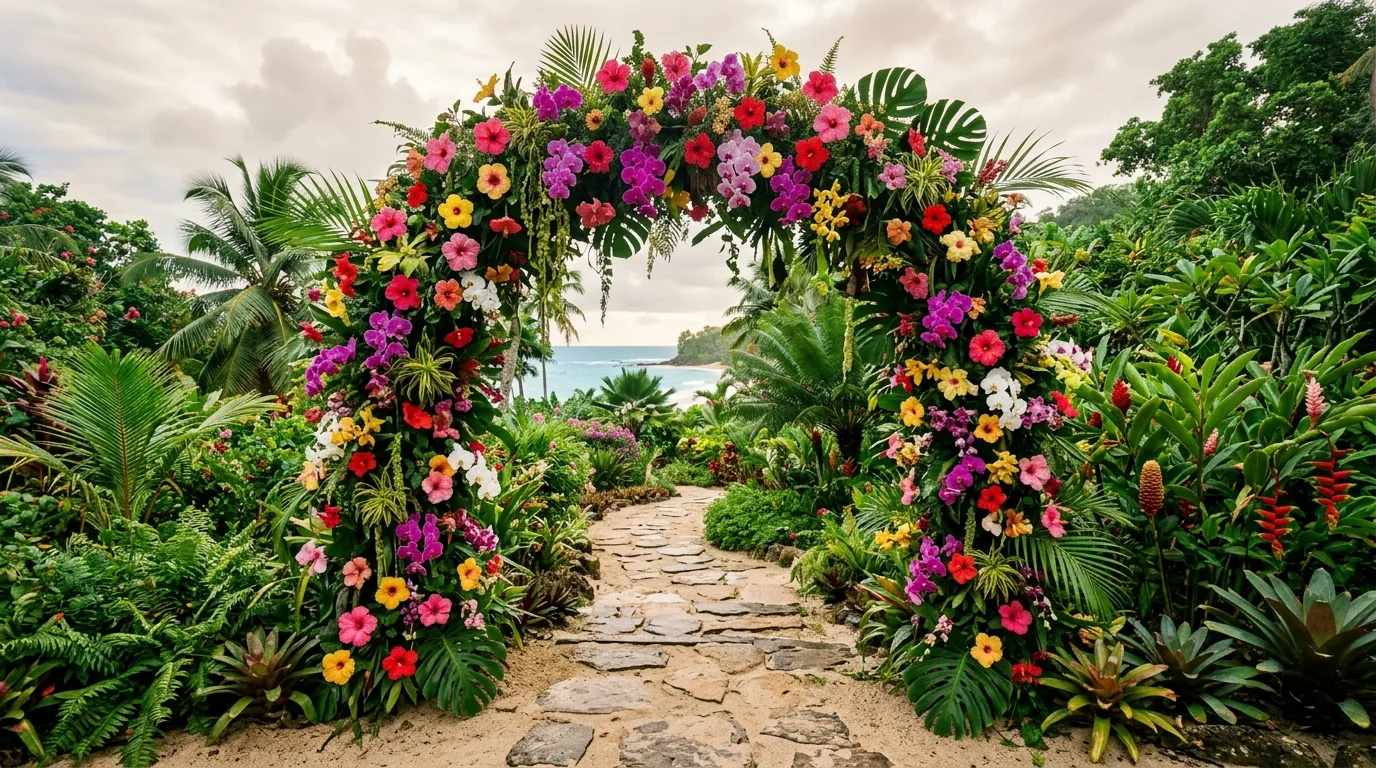 A dreamy flower arch covered in pastel pink, lavender, and cream blooms in a romantic garden setting under soft light, no people