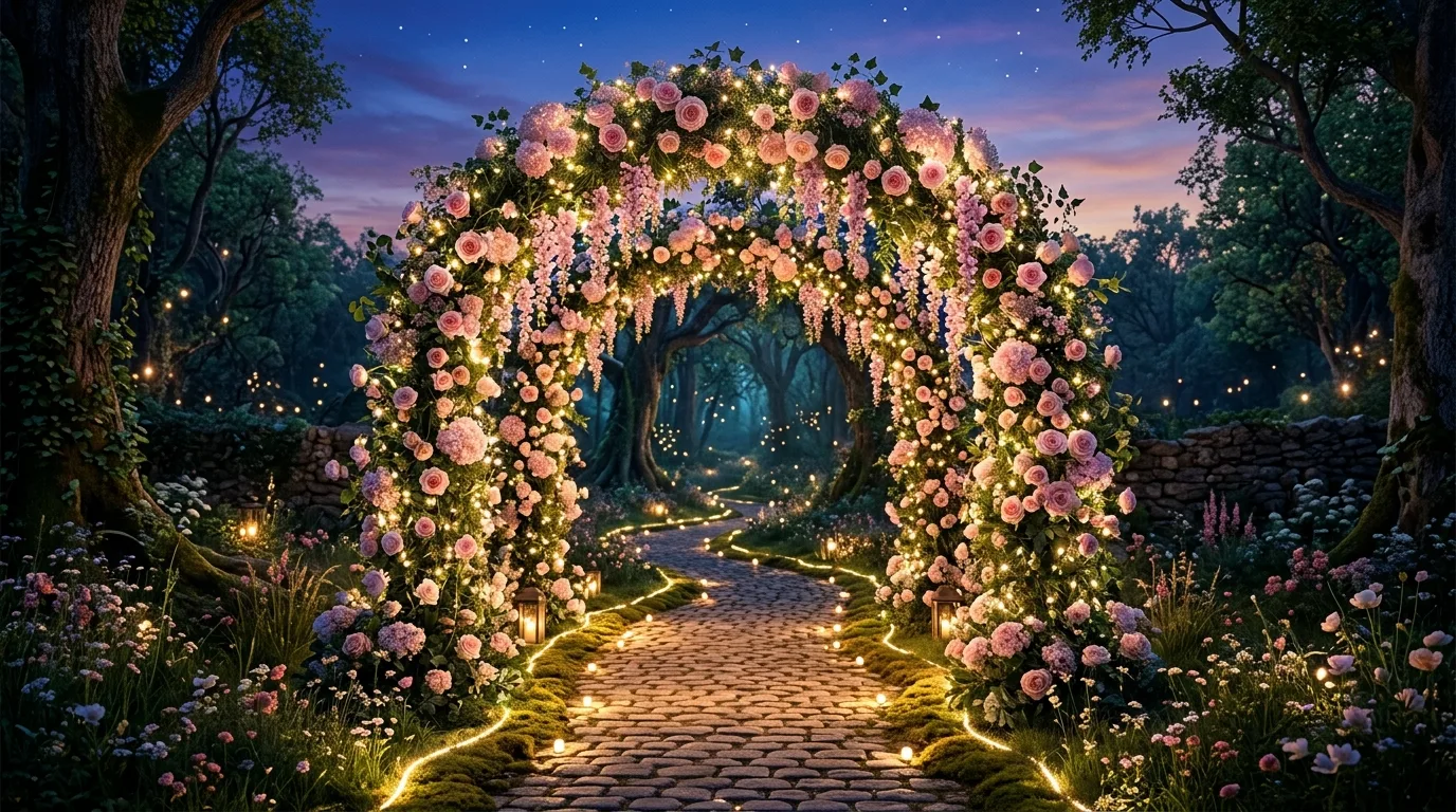 A flower-covered garden arch beside a cozy bench and seating nook surrounded by lush planting in afternoon light, no people