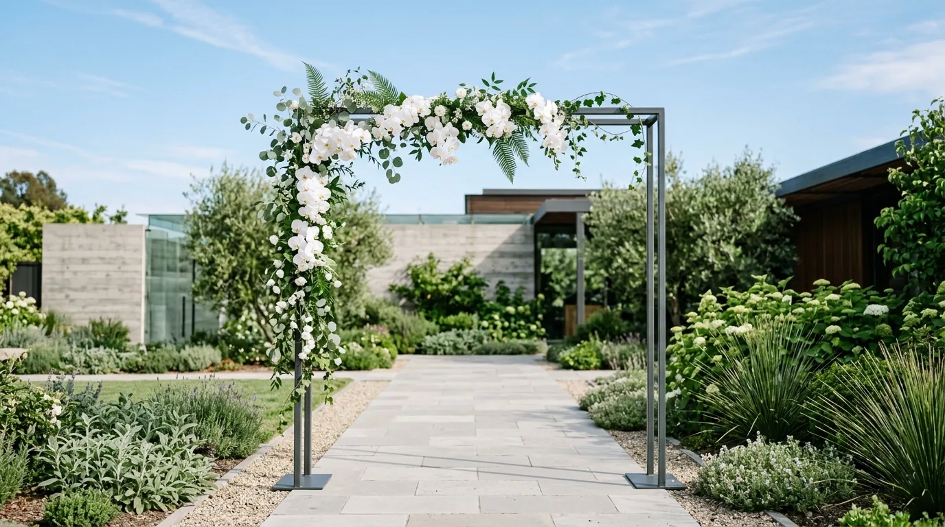 A dark metal garden arch covered with vivid flowering climbers creating strong contrast in a stylish outdoor setting, no people