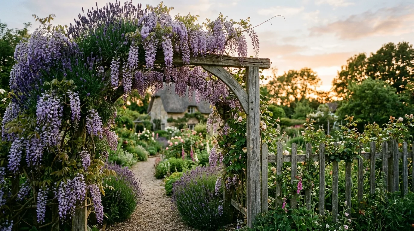 A woodland garden arch wrapped in loose flowering vines along a shaded path with soft filtered light, no people